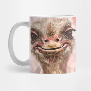 Close up Painting of a Funny Looking Smiling Ostrich on Contemporary Pink Salmon Background Mug